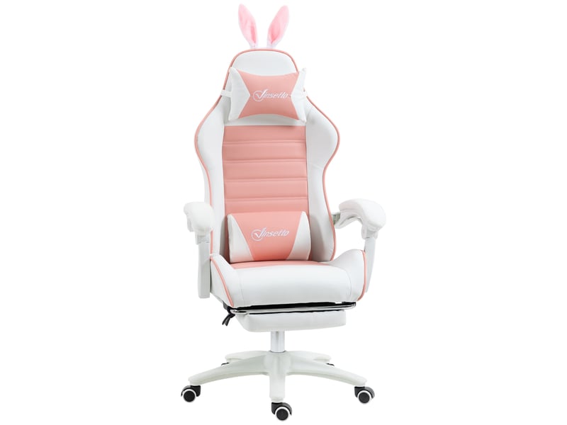  Chaise de jeu ergonomique avec soutien lombaire, repose-pieds et appui-tête oreilles de lapin, rose  - Conforama A