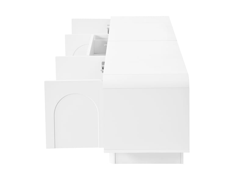  Meuble tv blanc, 2 tiroirs, rangement, gestion des câbles, fermeture douce, étagères réglables, plan relevable - 180x40x46cm - salon  - Conforama B