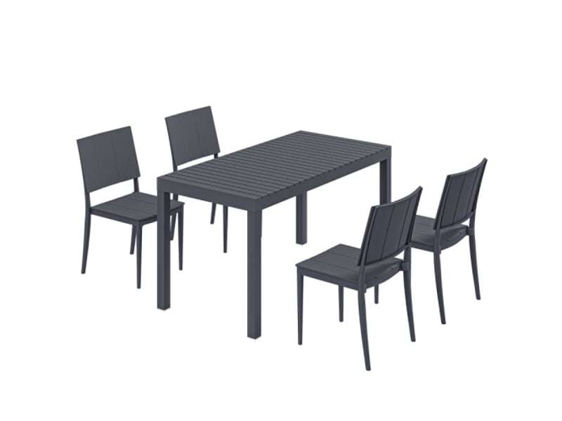 Salon de jardin 5 pièces, table large et 4 chaises empilables, design lattes, 4 personnes, gris foncé - Conforama A