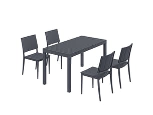 Salon de jardin 5 pièces, table large et 4 chaises empilables, design lattes, 4 personnes, gris foncé