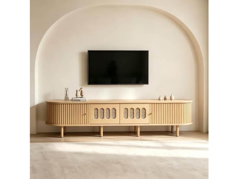  Meuble tv 180x40x40 cm – coloris naturel – rangement à portes coulissantes et battantes  - Conforama D