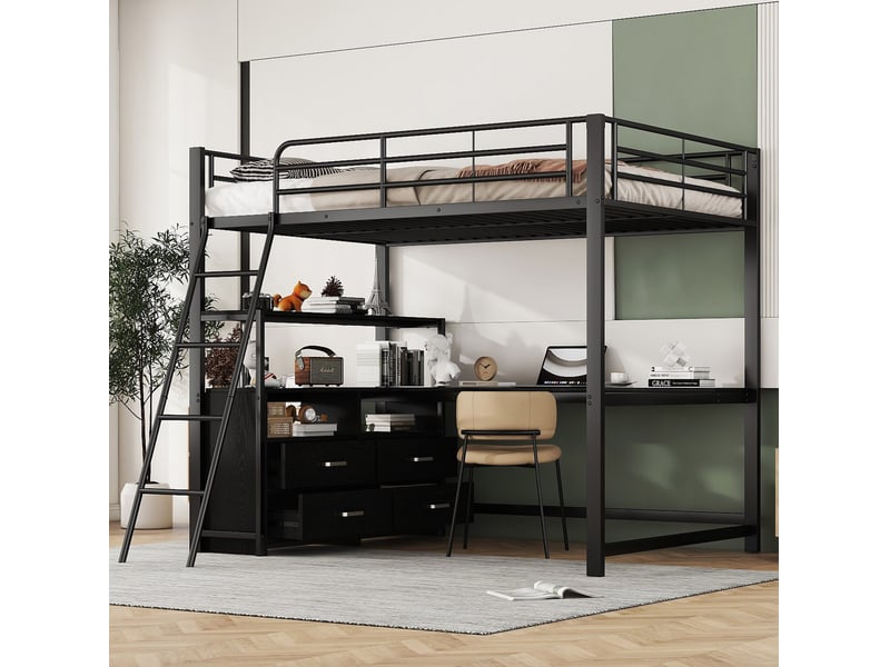  Lit mezzanine 140x200 cm en métal et mdf avec bureau en l et tiroirs, noir  - Conforama D