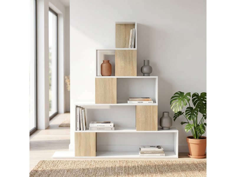  Étagère de rangement, bibliothèque géométrique à 5 niveaux, pour bureau, salon, chambre, blanc et bois naturel  - Conforama D