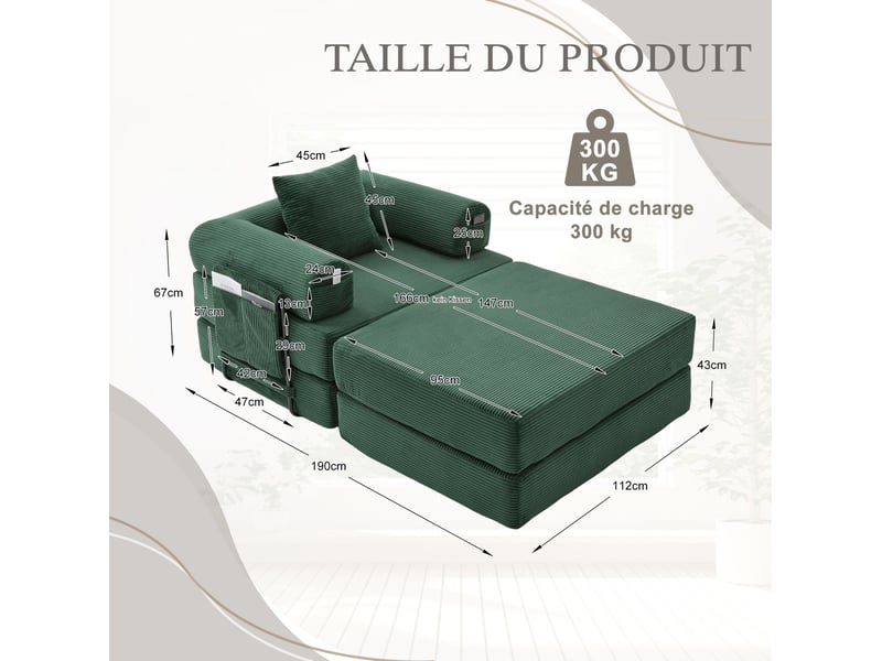  Fauteuil avec pouf ulevr modulable en velours côtelé, coussin et poche latérale, vert émeraude, 112 x 190 x 67 cm  - Conforama C
