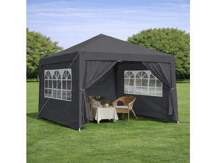 Pavillon pliant de jardin 3 x 3 m noir en acier, 4 parois latérales avec fenêtres et 4 sacs de lestage