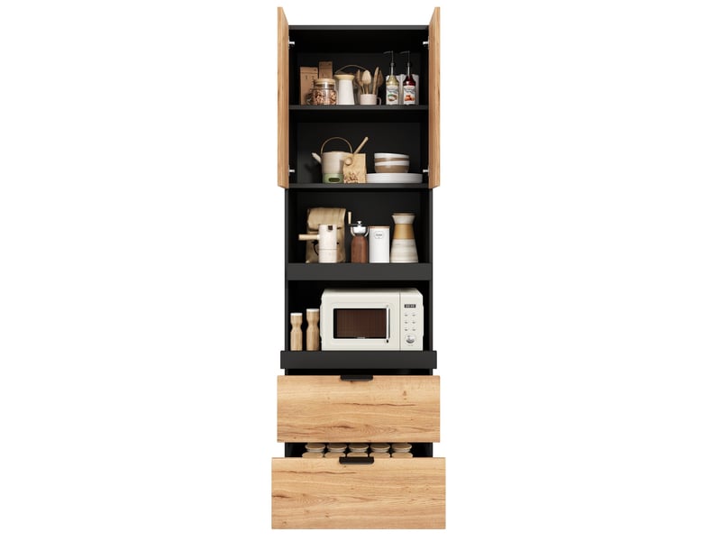  Armoire de cuisine haute 59,5 x 45 x 200 cm – noire – 2 tiroirs, niches coulissantes et anti-basculement  - Conforama B