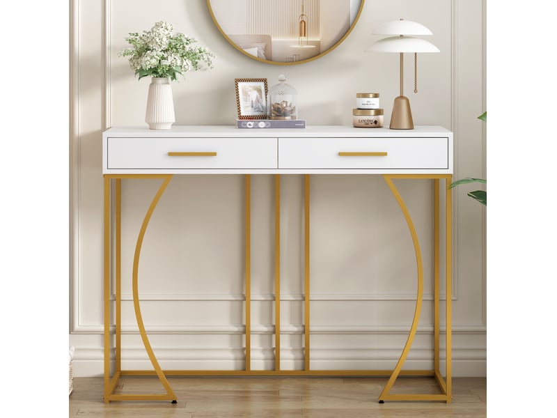  Console 110x32x85 cm 2 tiroirs mdf métal blanc et doré  - Conforama E