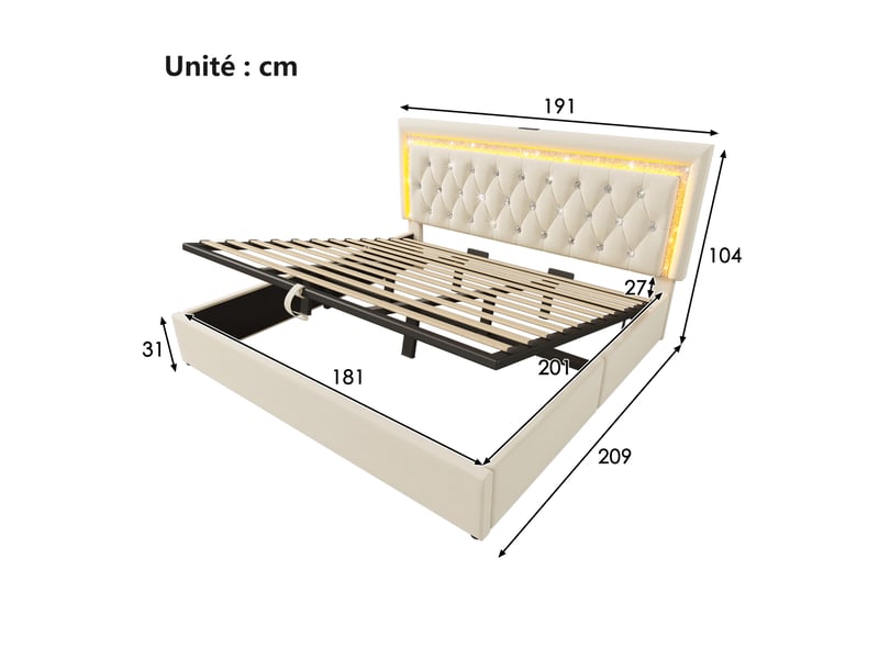  Lit coffre double 180x200 cm - lit en velours beige avec tête de lit led, usb type-c et rangement hydraulique - sans matelas  - Conforama C
