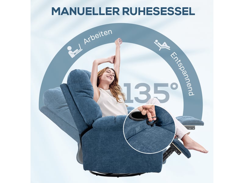  Fauteuil relax inclinable bleu foncé, pivotant et à bascule, repose-pieds et porte-gobelets pour salon  - Conforama D