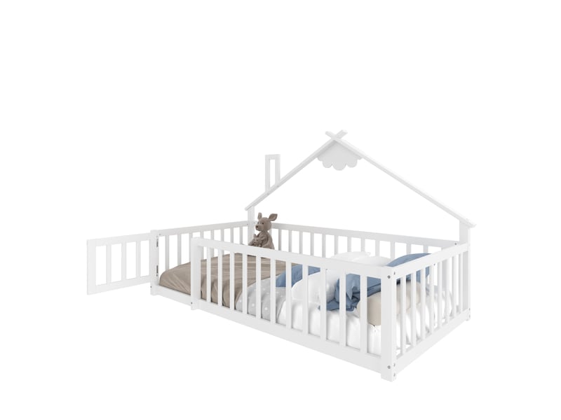  Lit enfant maison 90x190 cm barrière 32 cm avec serrure sécurité rêve design bois pin + mdf blanc sans matelas  - Conforama A