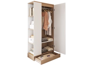 Armoire 1 porte avec étagères et tiroirs, rangement pour chambre ou bureau, en bois, blanc et naturel, 70 × 40 × 170 cm