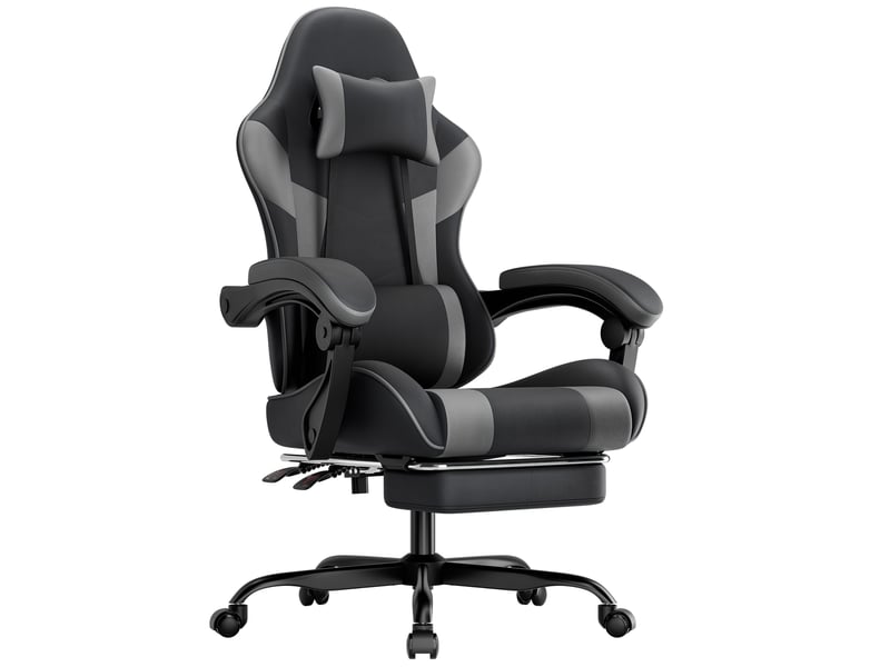  Chaise de bureau gaming 55 cm – noir et gris – dossier inclinable, repose-pieds et accoudoirs synchronisés  - Conforama A