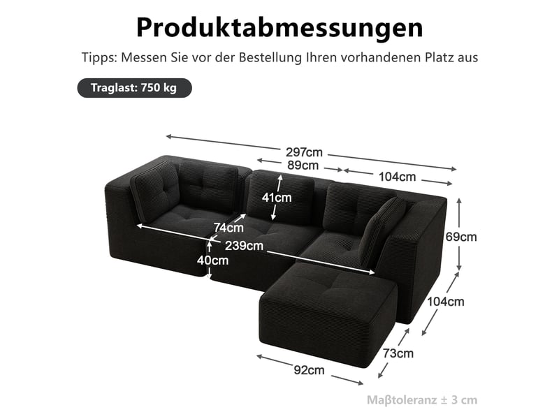  Canapé d’angle modulable 3 places velours côtelé noir – 297 x 177 x 69 cm Fay Lum - Conforama C