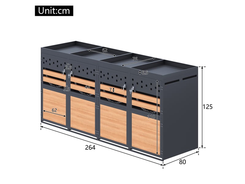  Cache-poubelles 4 bacs 120-240 l anthracite, toit végétalisable, portes effet bois  - Conforama C