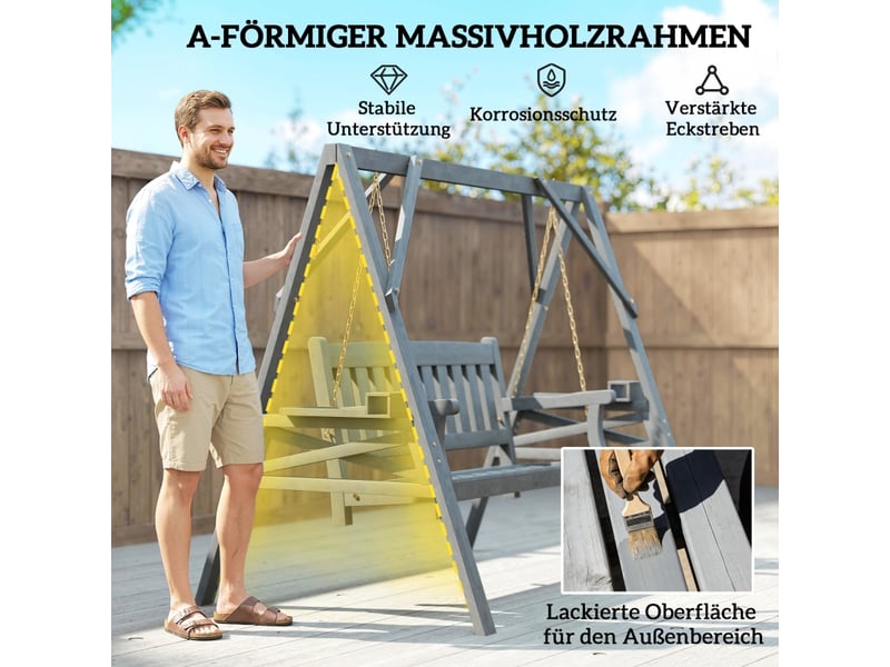 Balançoire de jardin 2 places, banc-balançoire en bois avec étagères, porte-gobelets et chaînes métalliques, grise - Conforama E