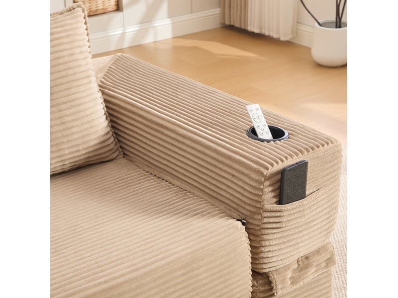  Canapé droit convertible 1 place en velours côtelé beige, avec poche latérale, porte-gobelet et accoudoirs zippés  - Conforama D