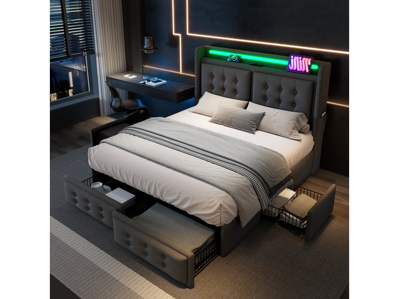 Lit double 180x200 cm-led-usb type-c-4 tiroirs-rangement-sommier à lattes-cadre métal 300 kg-tissu coton-lin-gris(sans matelas). - Conforama B