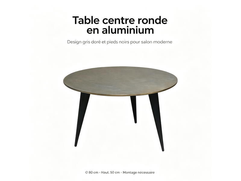  Table de salon ronde 80x80x50cm aluminium -doré+pieds noirs -4 pieds de soutien stable,surface spacieuse pour espace de vie S8803188 - Conforama E