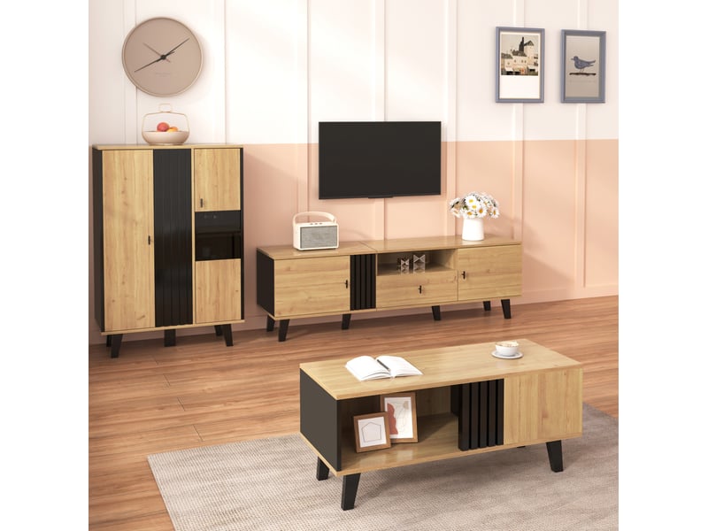  Ensemble de meubles de salon 3 pièces – table basse, meuble tv 170 cm et buffet led – décor bois et noir  - Conforama B