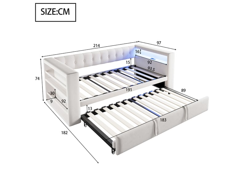  Lit gigogne lit banquette 90x190 cm, canapé-lit avec éclairage led, ports usb, tissu flanelle beige, sommier à lattes inclus OPULERANE TRADING LTD - Conforama E