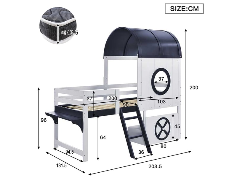 Lit mezzanine enfant 90x200 cm, lit maison avec toit, fenêtre et échelle inclinée, mdf, blanc et bleu, sans matelas  - Conforama C