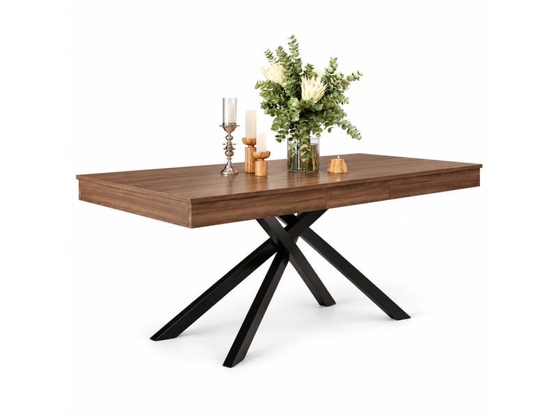 Table à manger extensible 140-180x80 cm pour 6 à 8 personnes, plateau épais, pieds croisés en métal, mdf effet noyer, salle à manger - Conforama A