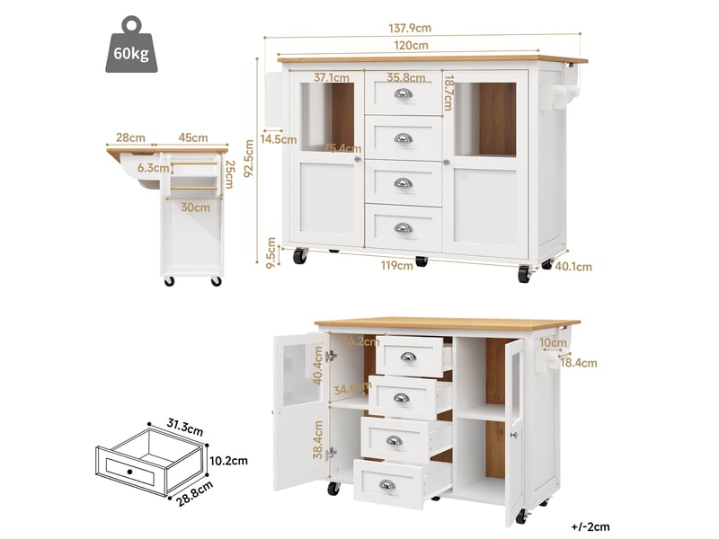  Îlot de cuisine mobile 137,9 x 73 x 92,5 cm, 4 tiroirs, plateau rabattable blanc  - Conforama C