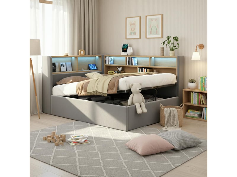  Canapé-lit 90x200 cm, lit enfant, couchage d'appoint, rangement hydraulique, led, port usb, velours gris  - Conforama D