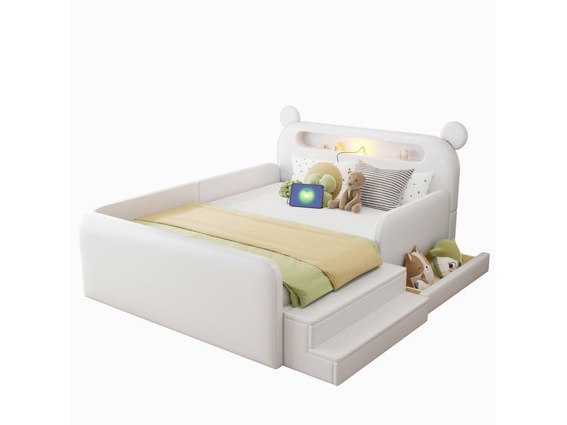  Lit enfant 140 × 200 cm 2 places avec rangement, usb, veilleuse et assise, sans matelas, en similicuir blanc  - Conforama A
