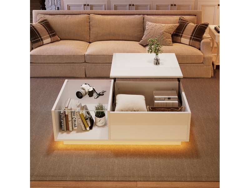  Table basse relevable avec rangement caché, niche ouverte et led contrôlée par app, pour salon, blanc  - Conforama B