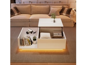 Table basse relevable avec rangement caché, niche ouverte et led contrôlée par app, pour salon, blanc