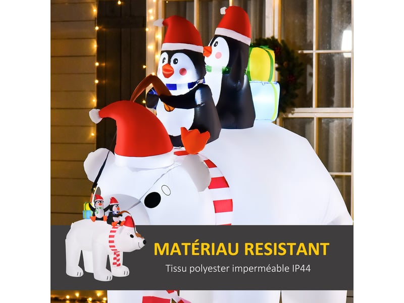  Ours polaire gonflable de noël avec lumières led 206cm décoration gonflable de noël imperméable avec 2 pingouins  - Conforama E
