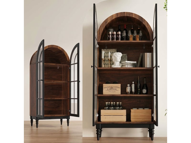  Buffet de cuisine haut 152x35,5x165 cm noir avec portes en verre et rangements  - Conforama E