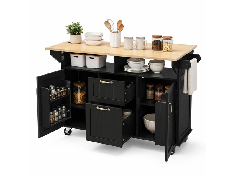 Îlot de cuisine mobile avec plateau rabattable, tiroirs, 2 portes, prises et ports usb, noir et bois naturel - Conforama A