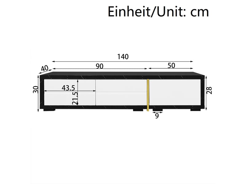  Meuble tv extensible 140–260 cm noir, effet marbre et blanc brillant, détails dorés, design moderne  - Conforama C