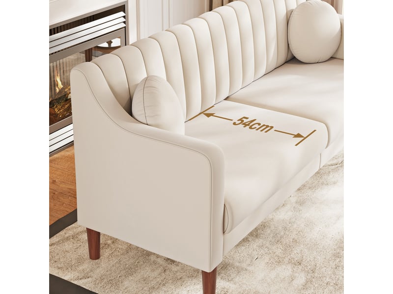 Grand canapé 3 places en velours avec 2 oreillers,pieds bois massif,canapé scandinave moderne pour salon bureau, 206x74x83cm, beige 206x74x83cm - Conforama E