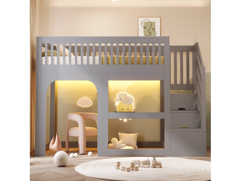  Lit mezzanine enfant 90 x 200 cm gris avec escalier de rangement, led et sommier à lattes  - Conforama C