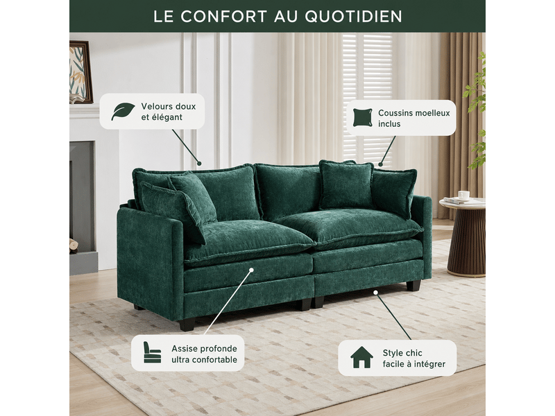 Canapé nuage 2 places moderne en chenille respirante coussins double couche vert - Conforama D