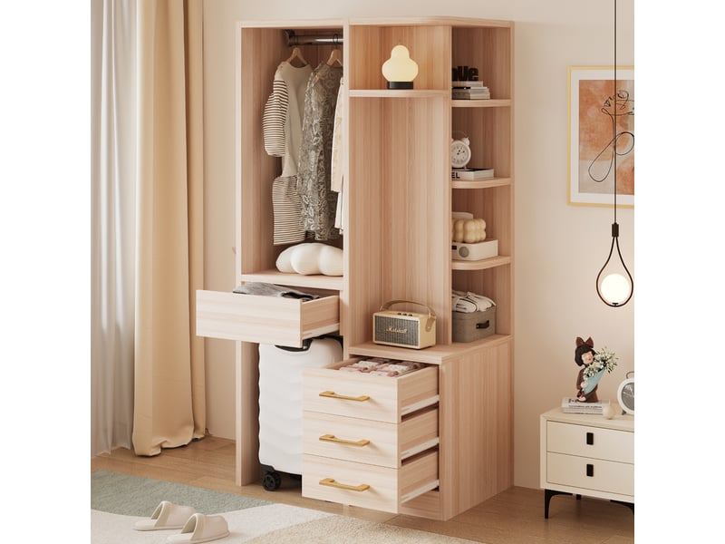  Armoire pour enfant, avec penderie, 3 tiroirs, étagères multi-niveaux, multifonction, 70 × 45 × 135 cm, naturel  - Conforama D