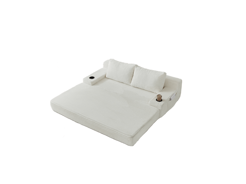  Canapé convertible 2-en-1 avec porte-gobelets, poches latérales et 2 coussins décoratifs en velours côtelé beige  - Conforama A