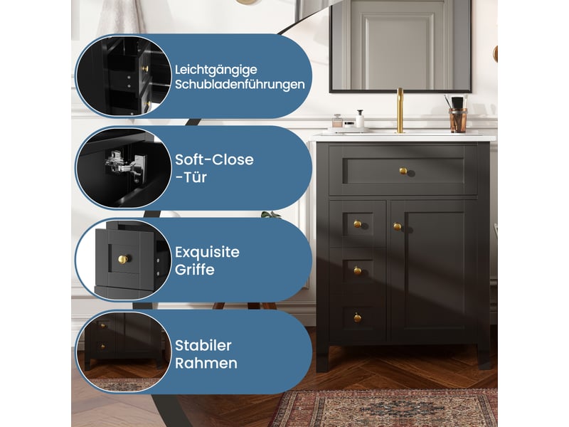  Meuble sous-vasque sur pieds 61 cm noir brillant, céramique et mdf, tiroir basculant, 3 tiroirs et porte fermeture douce  - Conforama D