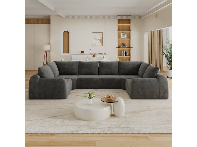  Canapé compressé en forme de u, 344x200x85 cm, 6 places, mousse haute élasticité, sans montage, tissu chenille, gris foncé  - Conforama B