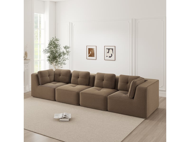 Canapé d'angle modulaire sans assemblage avec assise profonde et coussins moelleux en corduroy marron - Conforama B