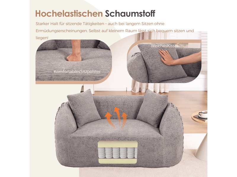 Canapé compressé 2 places 155x90x67 cm sans montage, sans structure, accoudoirs avec lacets, 2 coussins, mousse, tissu chenille gris clair - Conforama E
