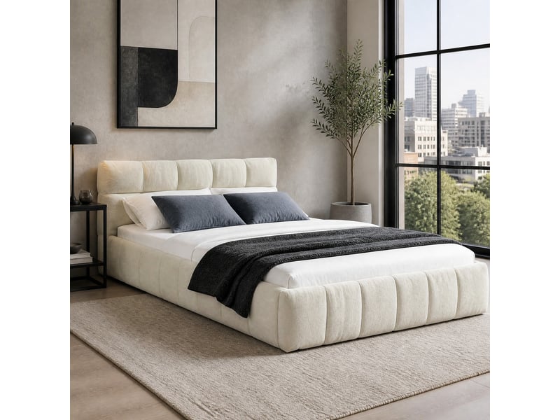  Lit simple enfant 200×90 cm, revêtement en chenille beige matelassé, structure en eucalyptus et fer, sans matelas  - Conforama B