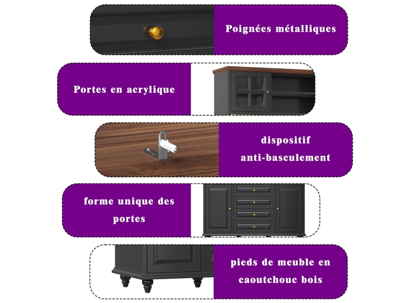  Buffet haut de cuisine 140 x 40 x 179,5 cm avec led rgb, étagères réglables et porte-verres en métal, noir  - Conforama E