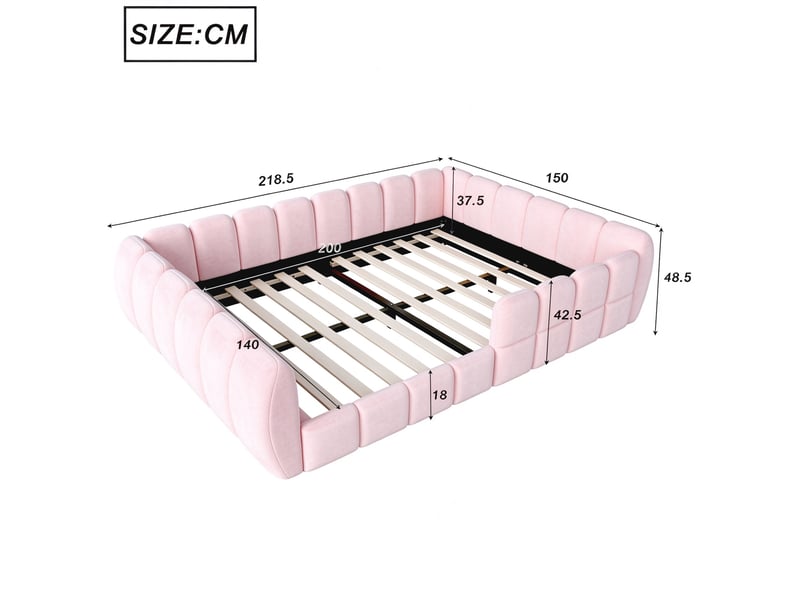  Lit au sol enfant 140x200 cm avec cadre rembourré fermé et coins arrondis, lit simple bas pour chambre enfant et ado, revêtement en velours, rose OPULERANE TRADING LTD - Conforama C