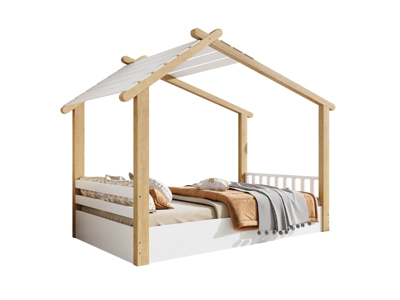  Modenvie lit cabane enfant 90x200 cm - sommier à lattes inclus, sans matelas - blanc et naturel  - Conforama A