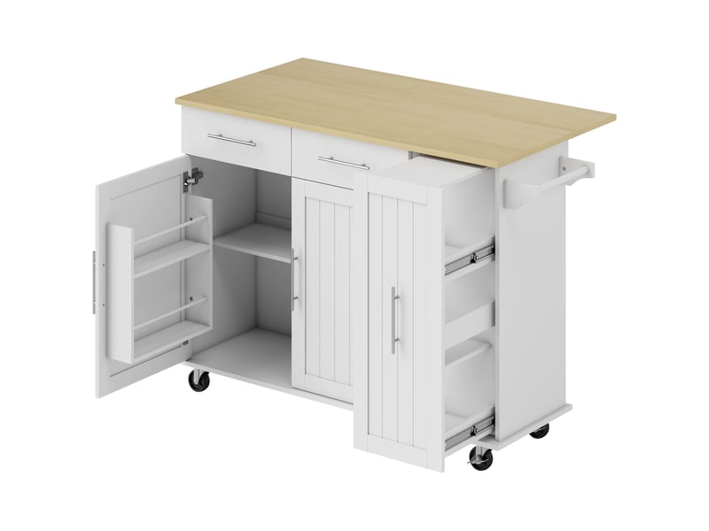  Îlot central cuisine avec plateau rabattable, roulettes, 2 tiroirs, portes à fermeture douce, blanc, porte-serviettes  - Conforama B