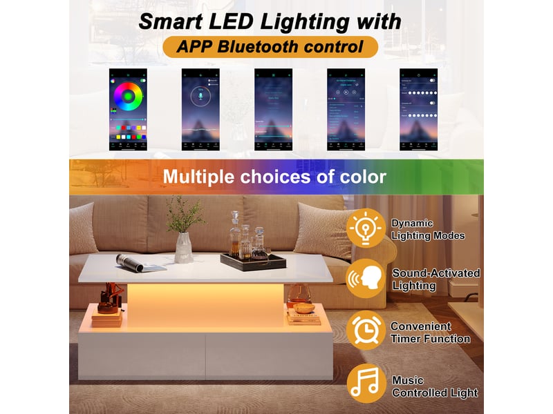 Table basse, avec éclairage led, avec 4 tiroirs, 90 x 55 x h 41–54 cm, blanc, rangement pratique, structure en panneau de particules, finition laquée Luxe haut de gamme - Conforama E